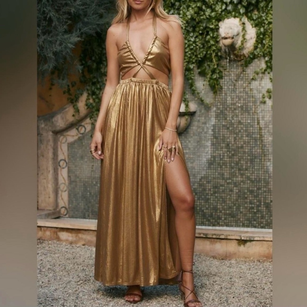 Elegant Gold Halter Maxi Dress